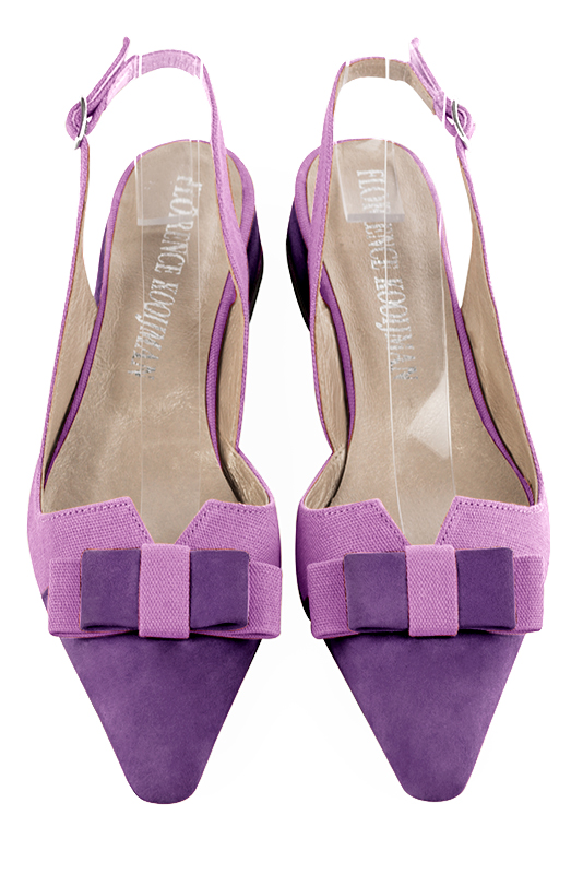 Amethyst purple women's open back shoes, with a knot. Tapered toe. Flat block heels. Top view - Florence KOOIJMAN
